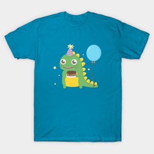 Cute Party Dinosaur with Cake and Balloon T-Shirt